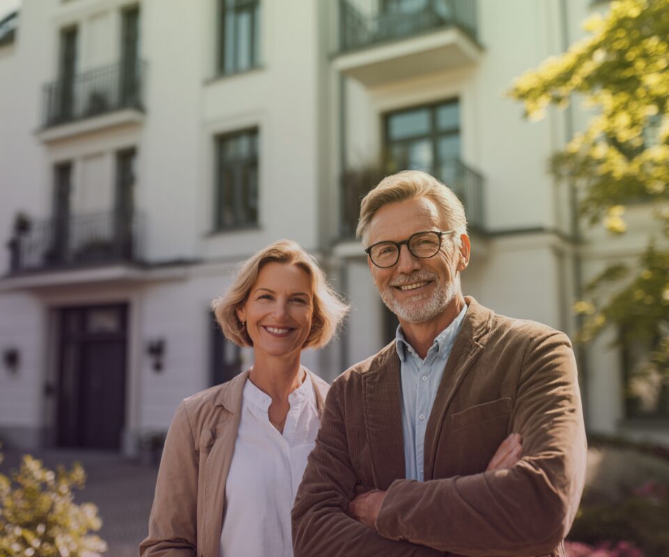 Älteres Pärchen vor einem Neubau Komplex
