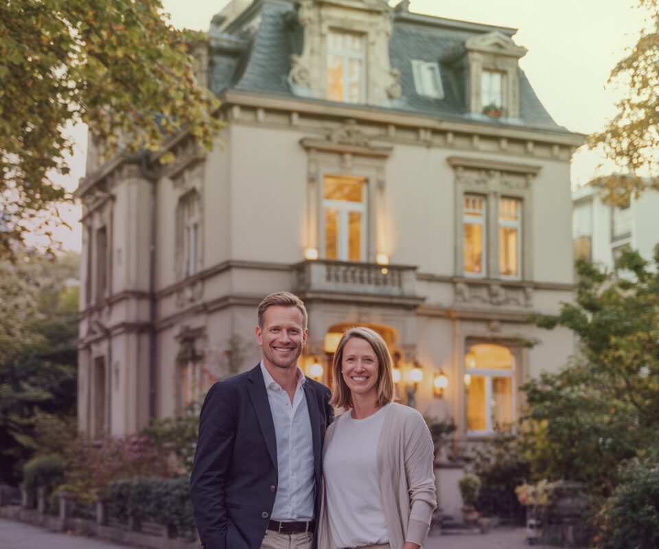 2 Personen vor einem großen Altbau Haus